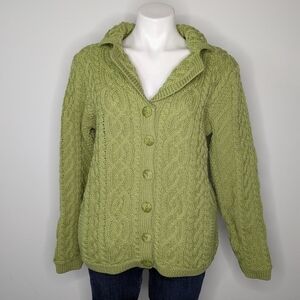 Aran Crafts green 100% merino wool cable knit button up cardigan sweater S